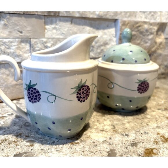 Blue Sky Clayworks Ceramic Berry Creamer & Sugar Set Green Purple 5” - Picture 1 of 9